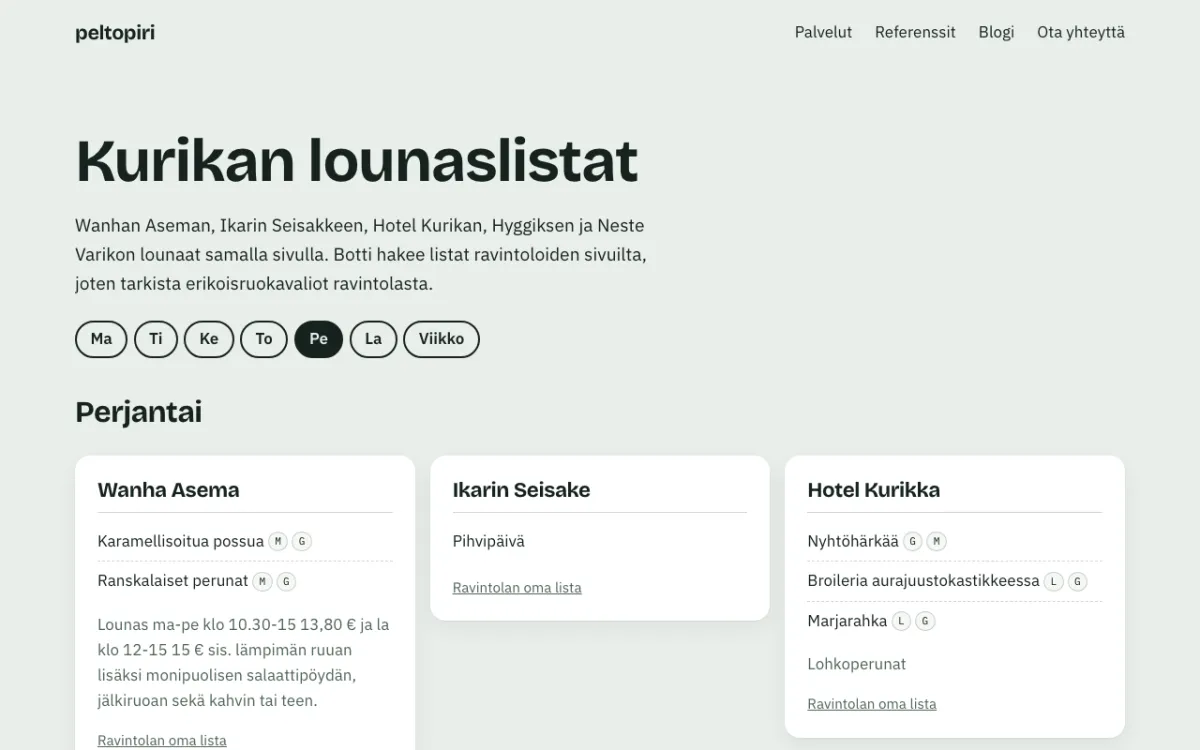 Kurikan lounaslistat -sivu työpöydällä: päivävalinta maanantaista lauantaihin ja viikko, alla perjantain lounaat ravintoloittain korteissa ruokavaliomerkintöineen.