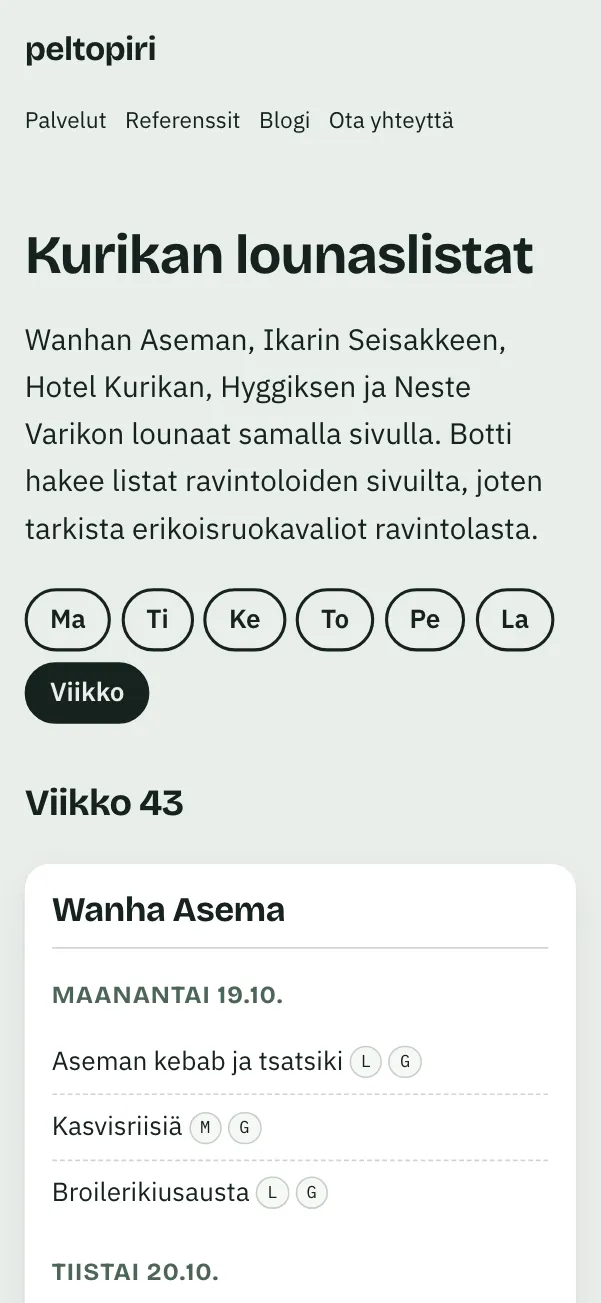 Sama sivu puhelimella viikkonäkymässä: Wanhan Aseman kortissa maanantain ja tiistain ruoat päivämäärineen.
