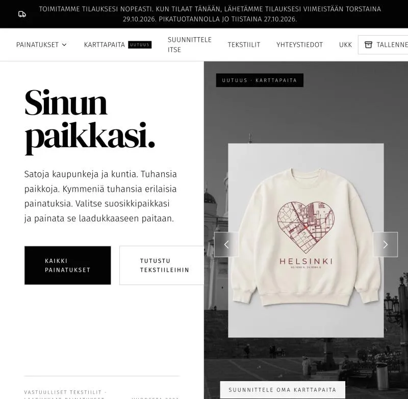 Kaupunkipaitojen etusivu: otsikko Sinun paikkasi ja kuvakaruselli, jossa Helsinki-karttapaita.