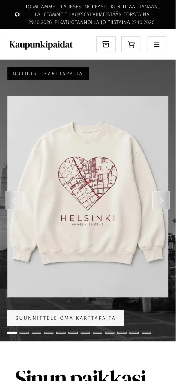Kaupunkipaitojen etusivu puhelimella.
