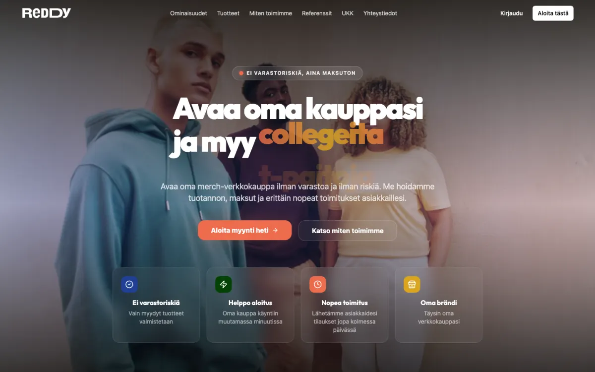 Reddyn etusivu työpöydällä: otsikko Avaa oma kauppasi ja myy collegeita, alla neljä etua kortteina.