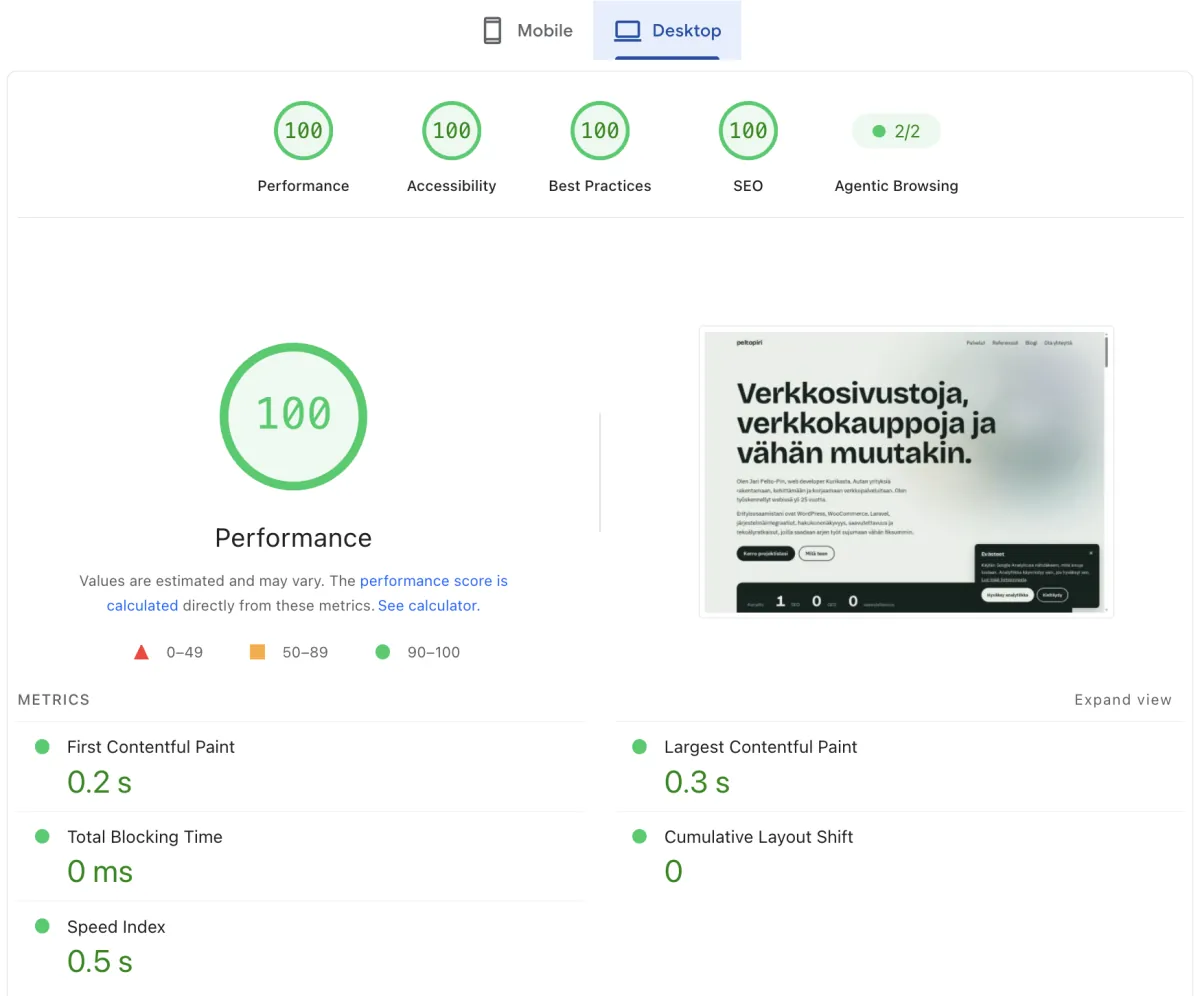 PageSpeed Insightsin työpöytätulos: kaikki kategoriat 100 ja Agentic Browsing 2/2. Mittarit: First Contentful Paint 0,2 s, Largest Contentful Paint 0,3 s, Total Blocking Time 0 ms, Cumulative Layout Shift 0 ja Speed Index 0,5 s.