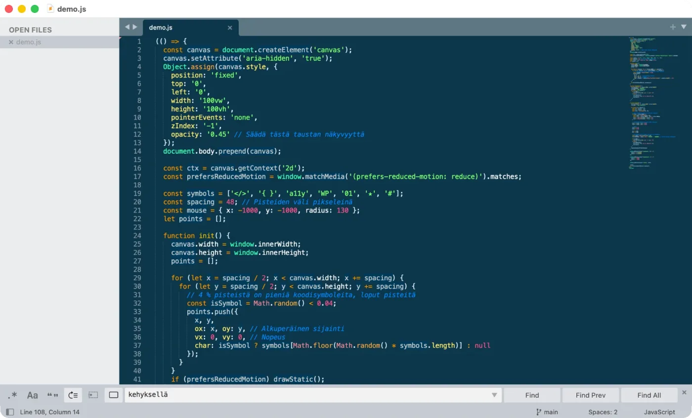 Sublime Text -editori, jossa on auki demo.js-tiedosto. Koodi luo sivun taustalle canvas-elementin, johon piirretään pisteitä ja pieniä koodisymboleita. Se huomioi käyttäjän vähennetyn liikkeen asetuksen.